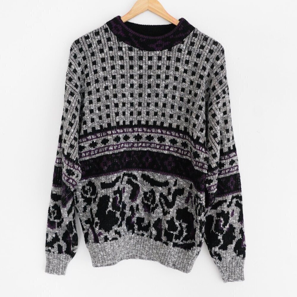 VTG '90S JJ Cochran Black Gray 3D Pattern Eclectic Grandpa Knit Crewneck Sweater
